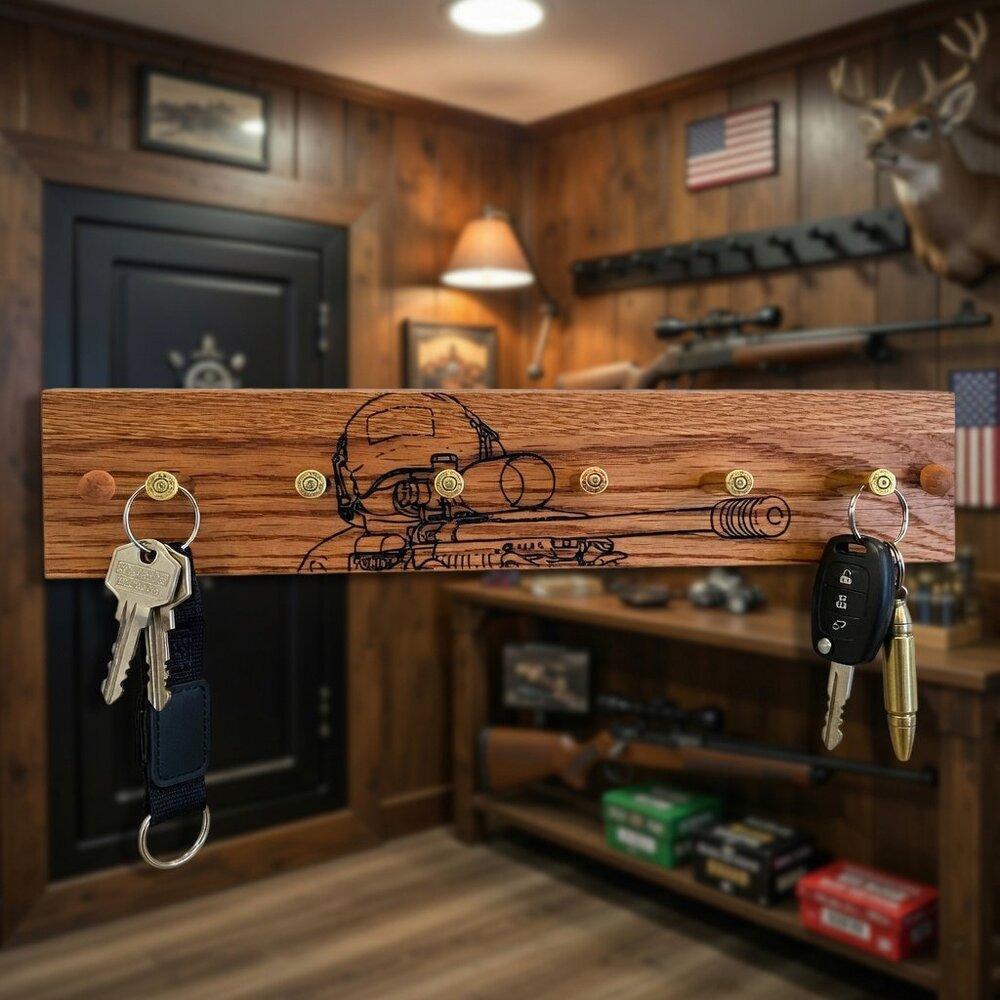 Handcrafted Oak .223 Rifle Casing Key Holder – 13" Gun Enthusiast Wall Rack